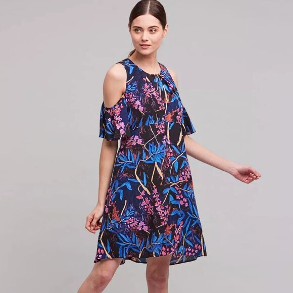 Anthropologie Maeve Elia Open Shoulder Navy Blue Floral Ruffle Sleeve Mini Dress - Picture 6 of 16